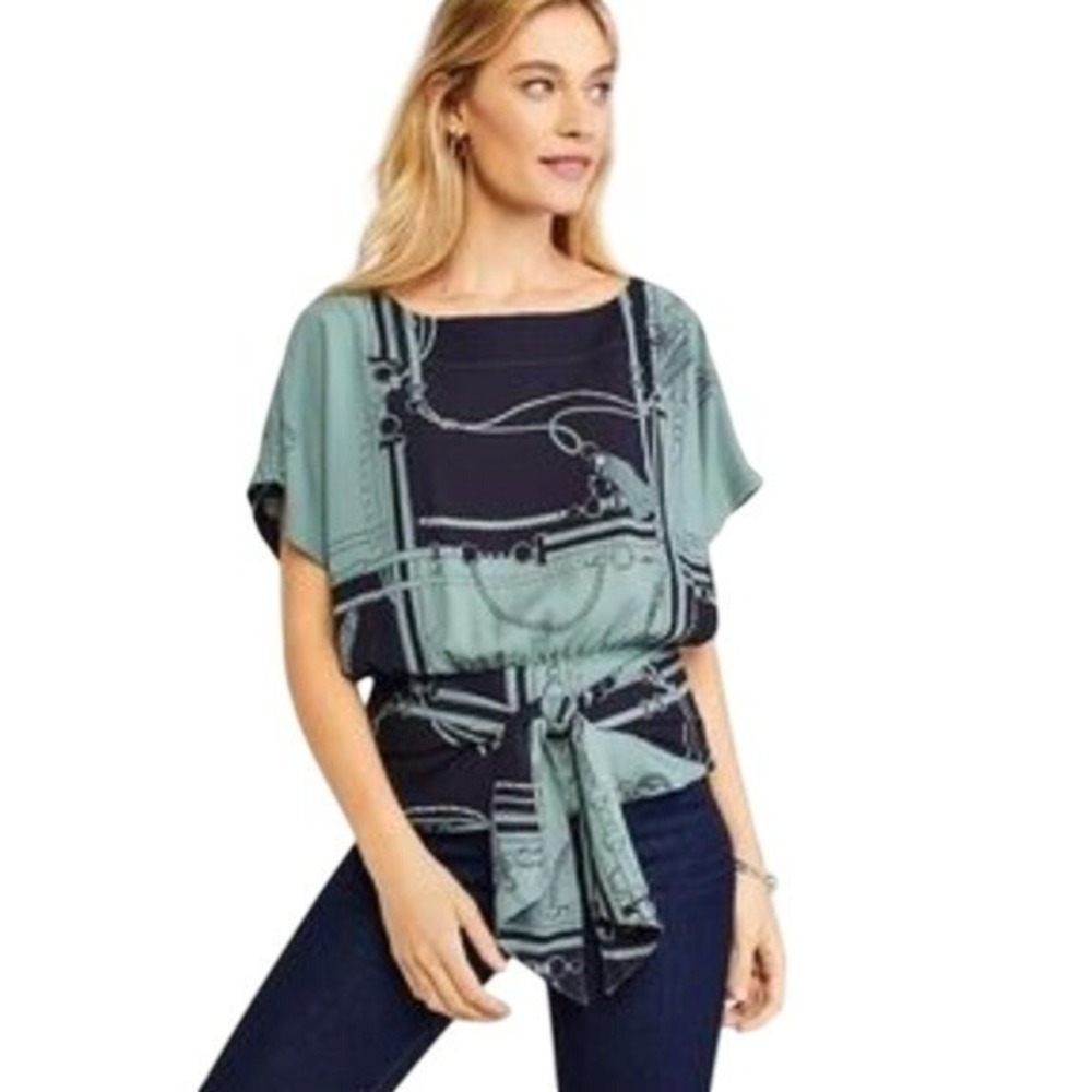 Ann Taylor NWT Kimono Surplice Tie Peplum Career Blouse Green/blue Medium - Picture 1 of 14